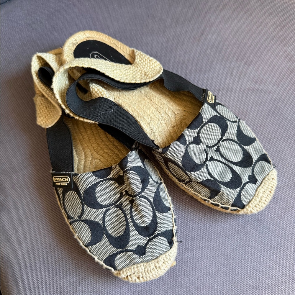 Coach Rayanne Textile Slingback Espadrille Flats Sandals Size 6B Black Monogram